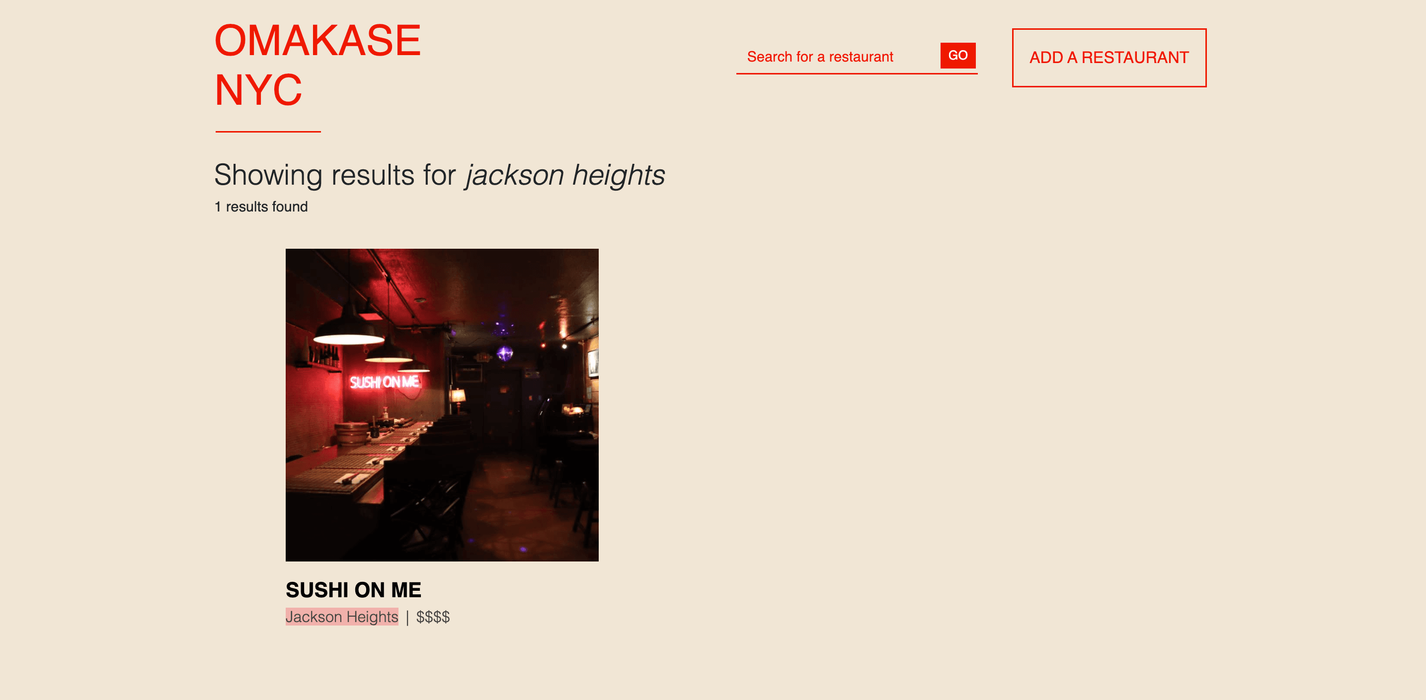 Omakase NYC search page